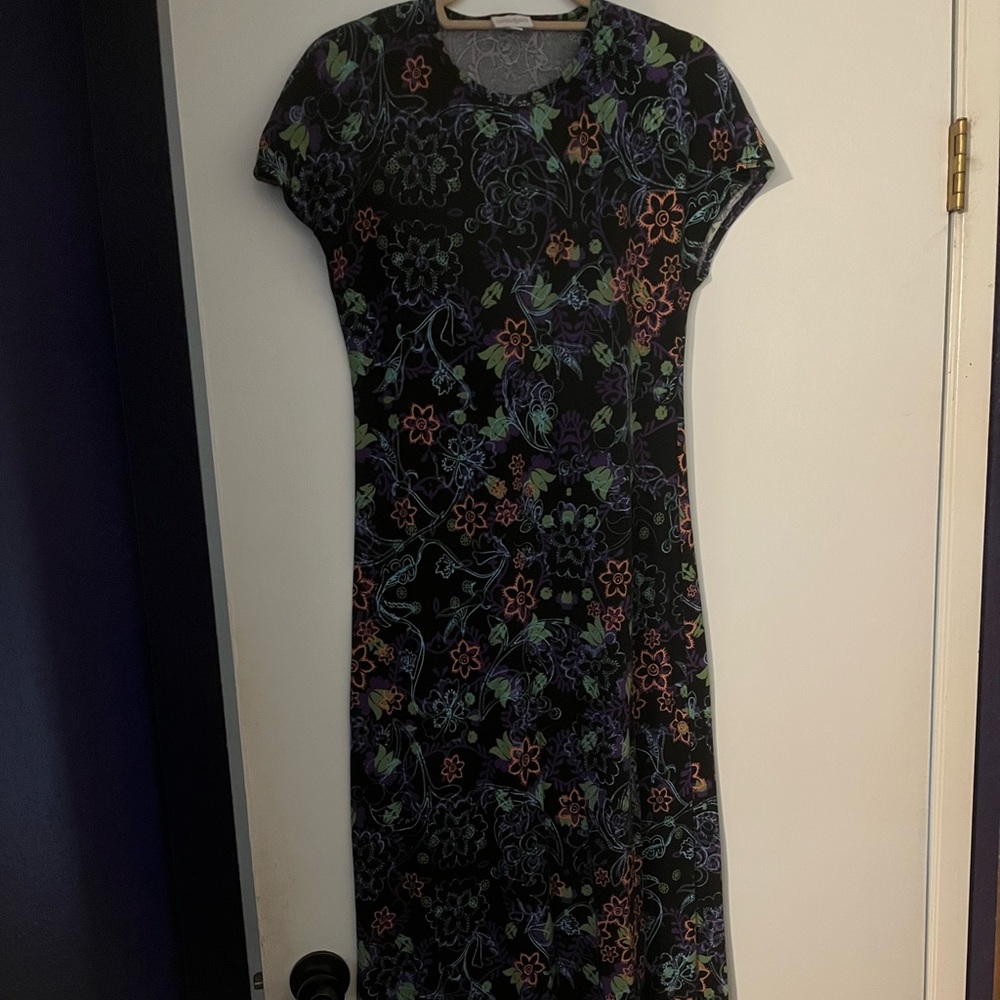 LuLaRoe Maria dress, size xs, black/purple/green paisley print.